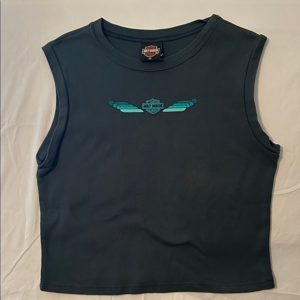 Harley-Davidson Black Muscle Tank with Teal Wing Logo